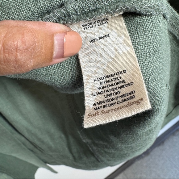 Soft Surroundings Green Ramie Long Tunic Coat Boho Chic Military Jacket Size M - Picture 9 of 16